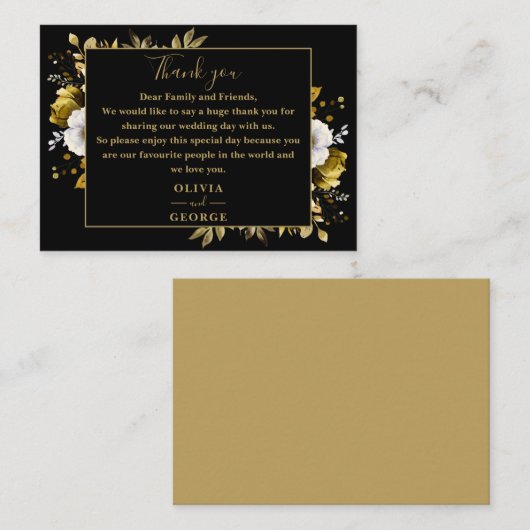 Botanische Hochzeit mit schwarzem und goldenem Fla Platzkarte (Vorne/Hinten)