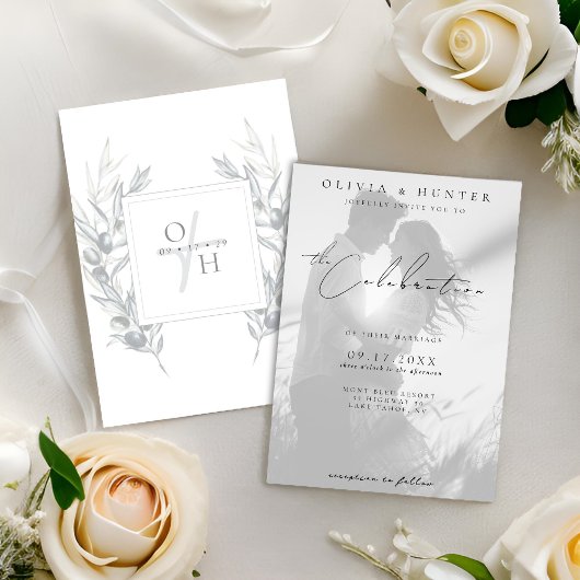 Botanische Hochzeit mit schwarzem und weißem Foto Einladung