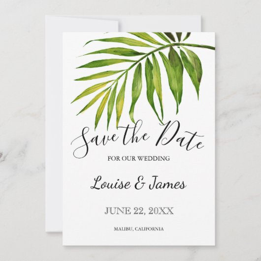 Botanische Hochzeit mit tropischen Palmenblättern Save The Date (Vorderseite)