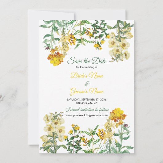 Botanische Hochzeit mit Vintagem Gelbwasser Save The Date (Vorderseite)