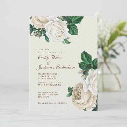 Botanische Hochzeit mit weißer Creme Einladung (Stehend Vorderseite)