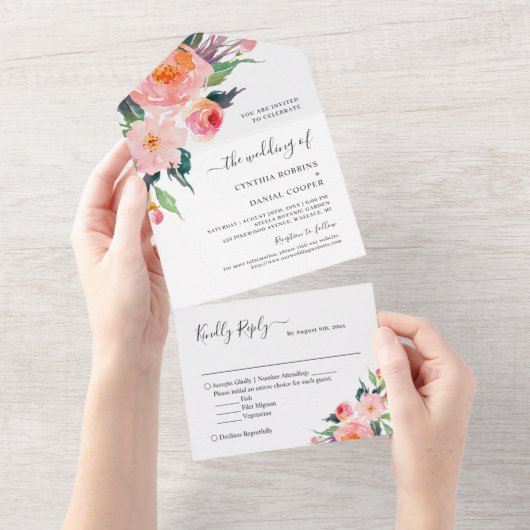 Botanische Hochzeit mit weißer Wasserfarbe All In One Einladung (Abreißen)