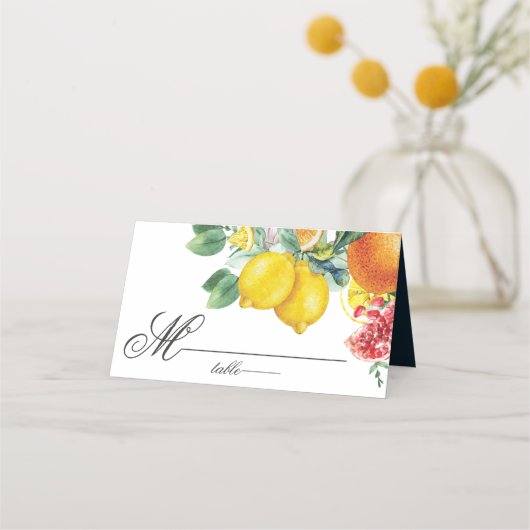 Botanische Hochzeit von Citrus Watercolor Platzkarte (Vorderseite)