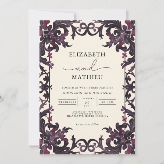 Botanische Hochzeit von Deep Plum Gothic Einladung (Vorderseite)