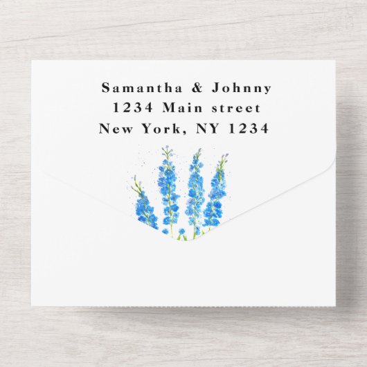 Botanische Hochzeit von Delphinium All In One Einladung (Rückseite)