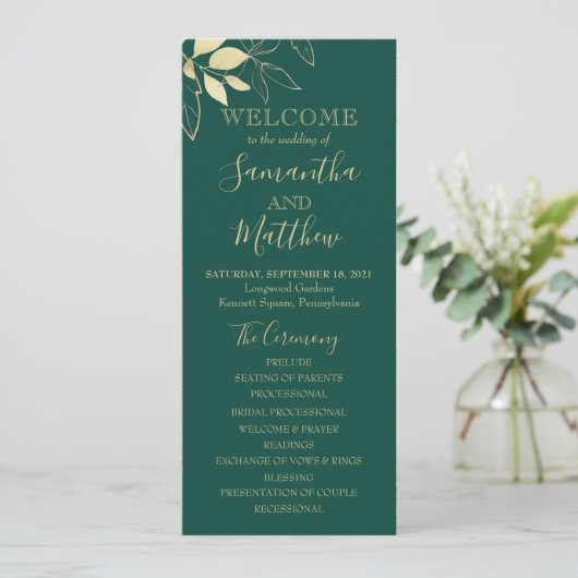 Botanische Hochzeit von Emerald Green & Gold Folia Programm (Stehend Vorderseite)