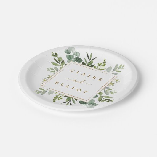 Botanische Hochzeit von Goldgrün Pappteller (Schrägansicht)