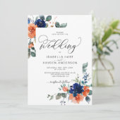 Botanische Hochzeit von Navy Rust Burnt Orange Einladung (Stehend Vorderseite)