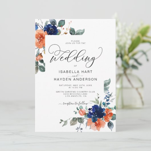 Botanische Hochzeit von Navy Rust Burnt Orange Einladung (Stehend Vorderseite)