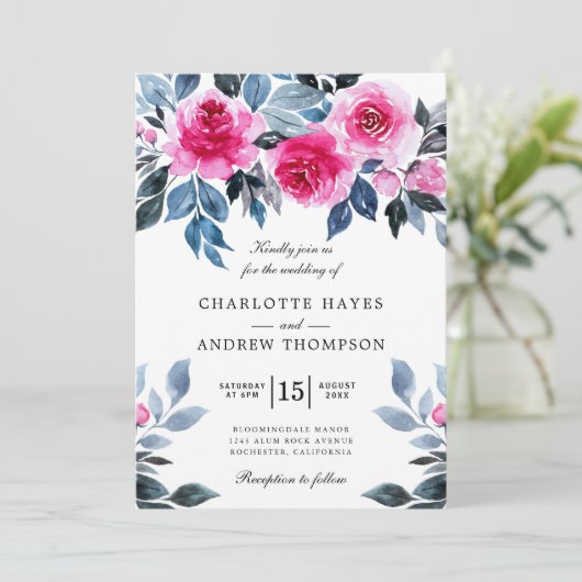 Botanische Hochzeit von Rosen Einladung (Stehend Vorderseite)
