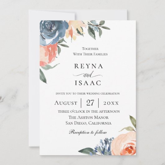 Botanische Hochzeit von Slate Blue Peach Einladung (Vorderseite)