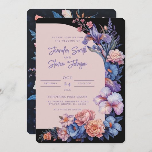 Botanische Hochzeit zwischen Rosa und Blau Iris Einladung (Vorne/Hinten)