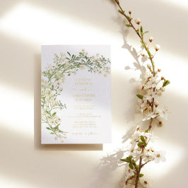 Botanische Hochzeitgoldblüten mit weißer Blüte - W Folieneinladung
