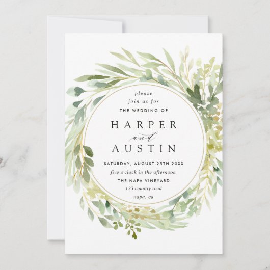 Botanische Hochzeitseinladung in Grünblättern Einladung (Vorderseite)