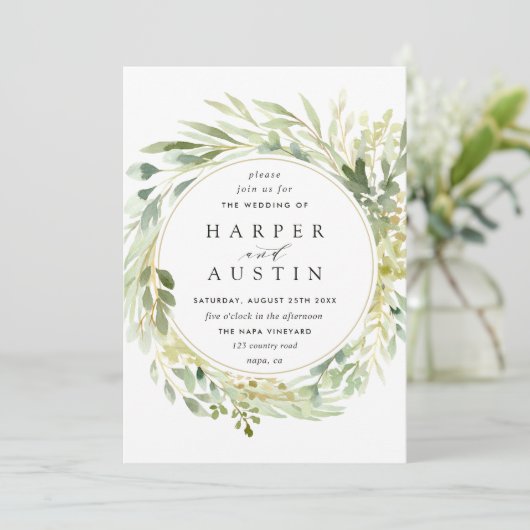 Botanische Hochzeitseinladung in Grünblättern Einladung (Stehend Vorderseite)