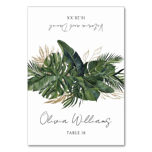 Botanische Hochzeitsfeier im tropischen Grünen Pla Tischnummer (Vorderseite)