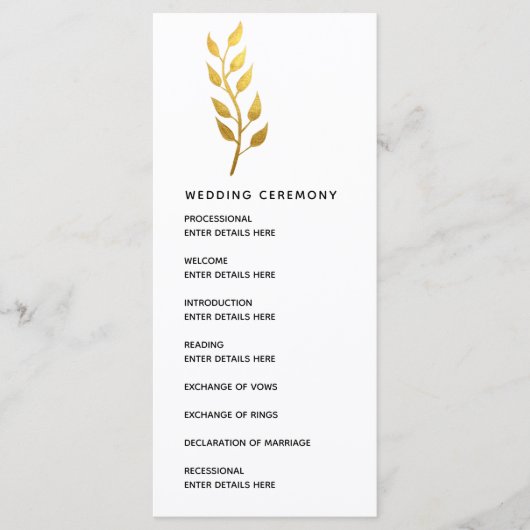 Botanische Hochzeitsfeier mit einfachem Goldleder Programm (Vorderseite)
