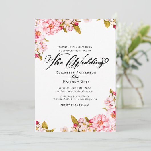 Botanische Hochzeitsfeier mit Wasserfarbe Sakura Einladung (Stehend Vorderseite)