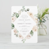 Botanische Hochzeitsfeier mit weißer Rose Einladung (Stehend Vorderseite)