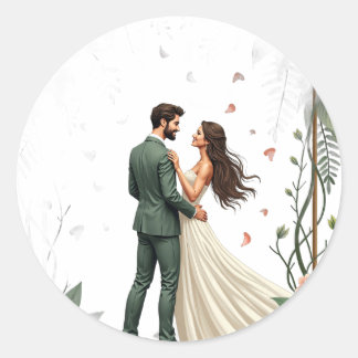 Botanische Hochzeitsillustration Braut Bräutigam F Runder Aufkleber