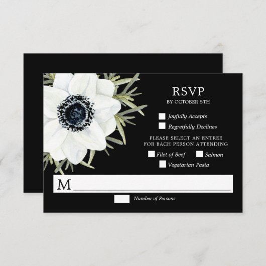 Botanische Hochzeitskarte für Schwarz-Weiß-Anemone RSVP Karte (Vorne/Hinten)