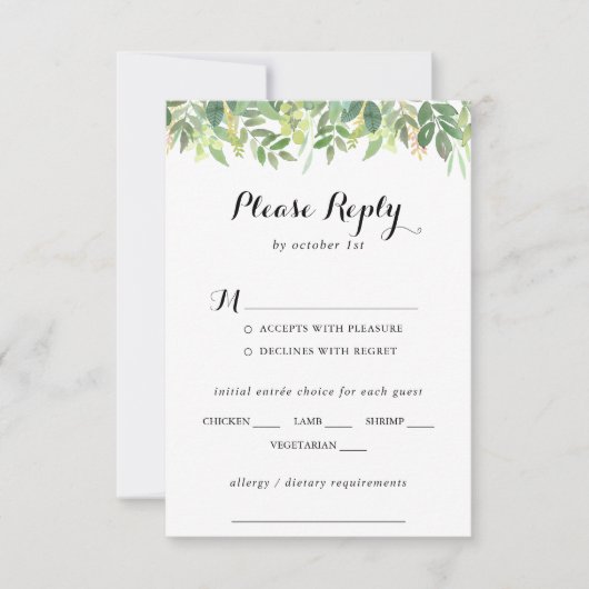 Botanische Hochzeitsmenü im Grünen UAWG RSVP Karte (Vorderseite)