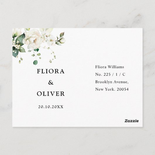 Botanische Hochzeitspos von Weißem Elfenbein-Rose Postkarte (Rückseite)