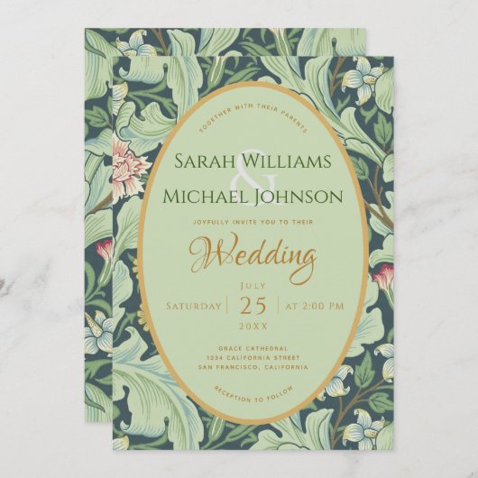 Botanische Hochzeitungs-Grüne Blätter Gold Minze V Einladung (Vorne/Hinten)