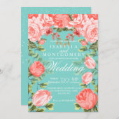 Botanische Hübsche Hochzeit Aquamarin und Korallen Einladung (Vorne/Hinten)