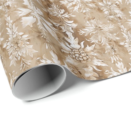 Botanische Illustrationen und beige-weiße Damast Geschenkpapier (Rolleneckpunkt)