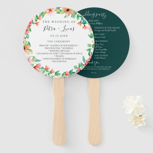 Botanische Island Wreath Wedding Program Hand Fans Fächer (Vorne und Hinten)