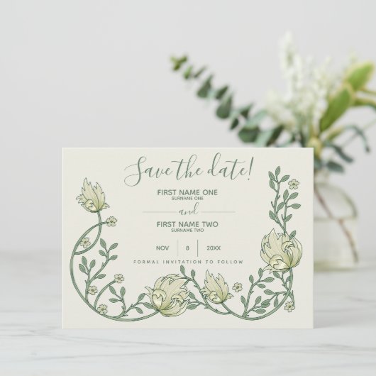 Botanische Jugendstil-hübsche Schrift Save The Date (Stehend Vorderseite)