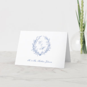 Botanische Keilhochzeit mit Dusty Blue Monogram Dankeskarte