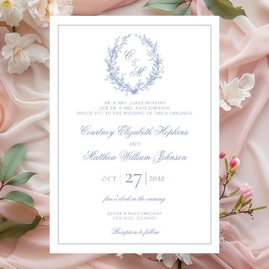 Botanische Keilhochzeit mit Dusty Blue Monogram Einladung