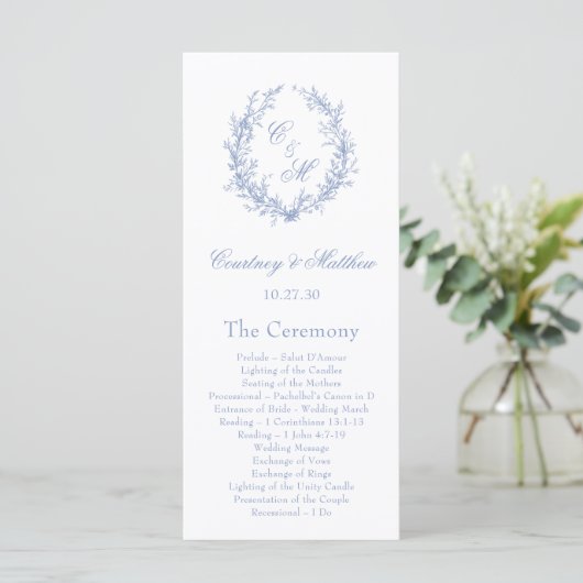 Botanische Keilhochzeit mit Dusty Blue Monogram Programm (Stehend Vorderseite)