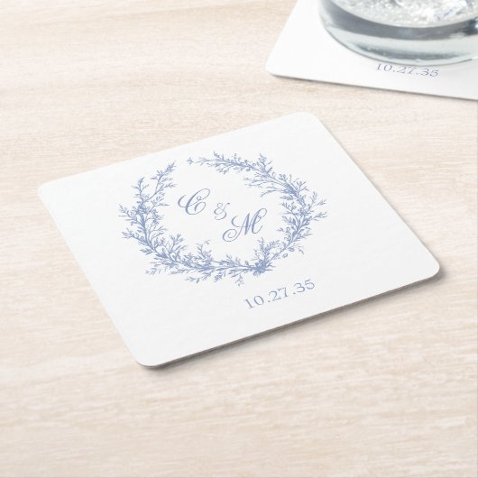 Botanische Keilhochzeit mit Dusty Blue Monogram Rechteckiger Pappuntersetzer (angewinkelt)