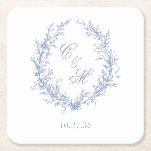 Botanische Keilhochzeit mit Dusty Blue Monogram Rechteckiger Pappuntersetzer (Vorderseite)