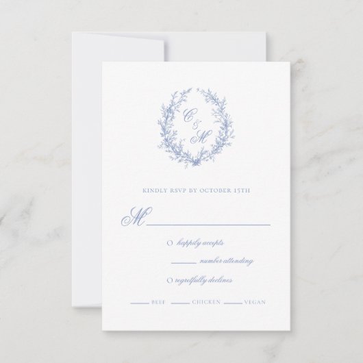 Botanische Keilhochzeit mit Dusty Blue Monogram RSVP Karte (Vorderseite)