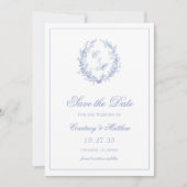 Botanische Keilhochzeit mit Dusty Blue Monogram Save The Date (Vorderseite)