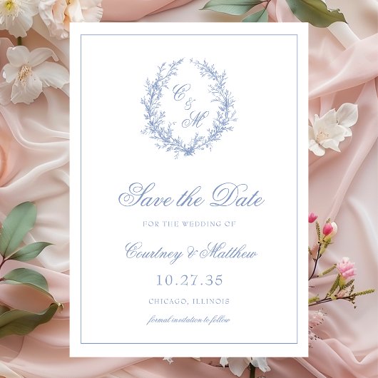 Botanische Keilhochzeit mit Dusty Blue Monogram Save The Date