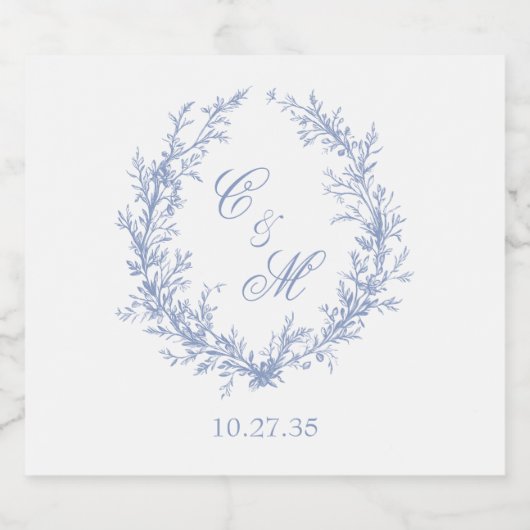Botanische Keilhochzeit mit Dusty Blue Monogram Schaumweinetikett (Einzelnes Label)