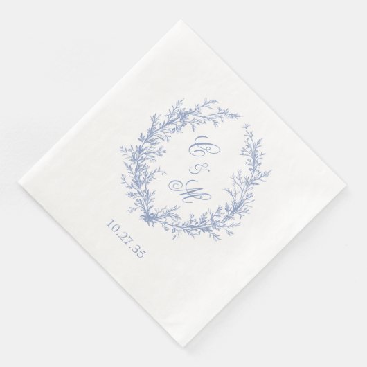 Botanische Keilhochzeit mit Dusty Blue Monogram Serviette (Ecke)