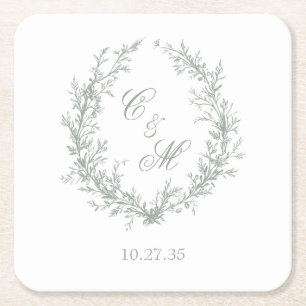 Botanische Keilhochzeit von Sage Green Monogram Rechteckiger Pappuntersetzer