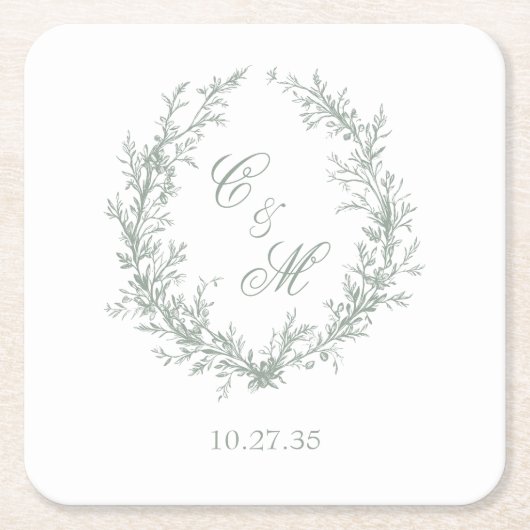 Botanische Keilhochzeit von Sage Green Monogram Rechteckiger Pappuntersetzer (Vorderseite)