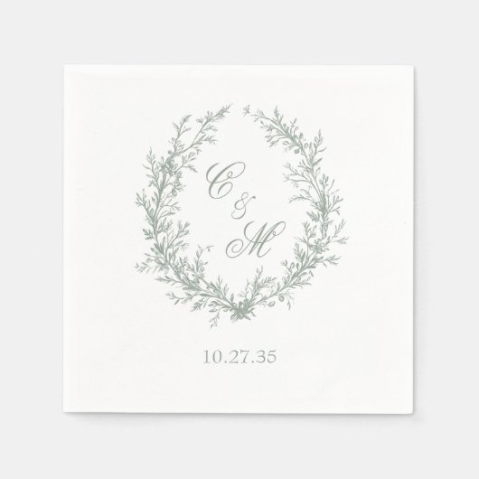 Botanische Keilhochzeit von Sage Green Monogram Serviette (Vorderseite)