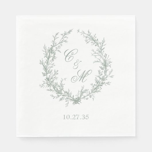 Botanische Keilhochzeit von Sage Green Monogram Serviette (Vorderseite)
