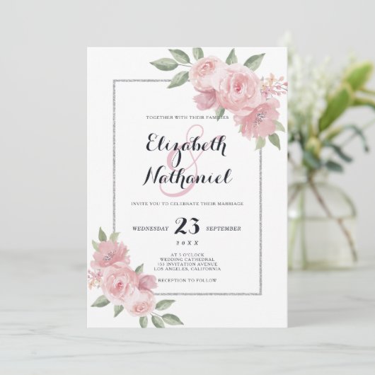 Botanische Korallen rosa grüne Blumenampere und Ho Einladung (Stehend Vorderseite)