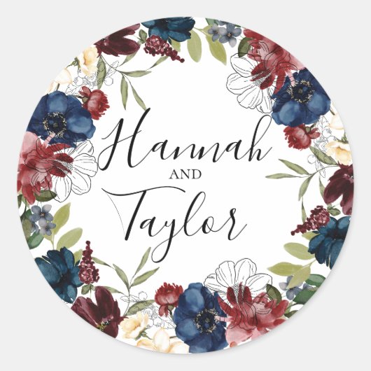 Botanische Kranzhochzeit der Burgundy Navy Runder Aufkleber (Vorderseite)