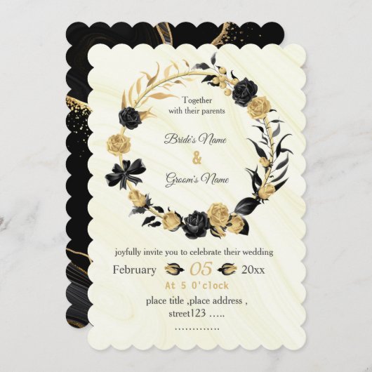 Botanische Kranzhochzeit in Gold und Schwarz-Blume Einladung (Vorne/Hinten)