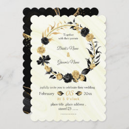 Botanische Kranzhochzeit in Gold und Schwarz-Blume Einladung